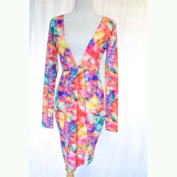 Sexy Neon Tie Dye Bikini Romper Long Sleeve Dress - Picture 8 of 8